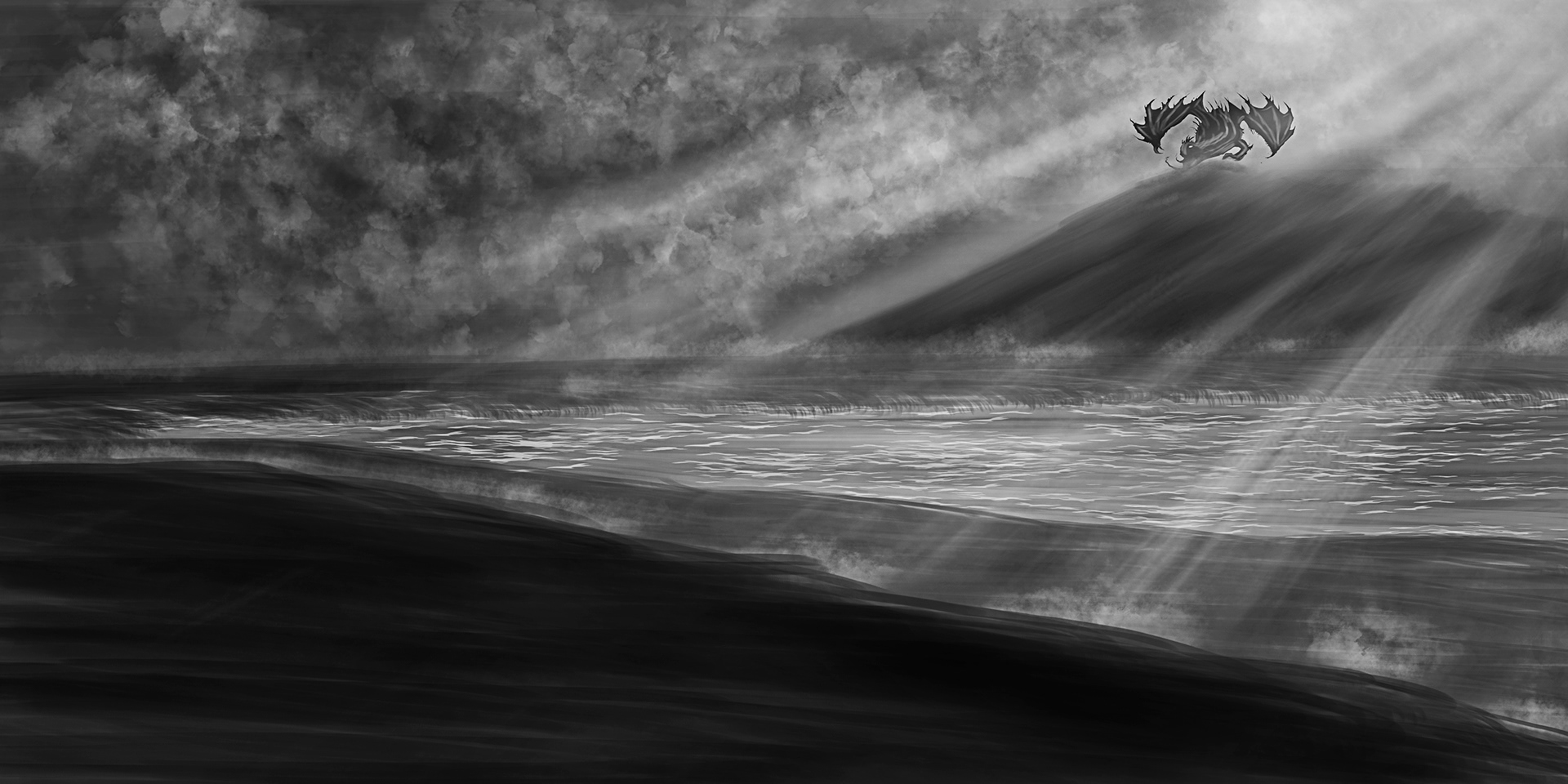 Digital painting of a dragon on the mountains, conceptual art