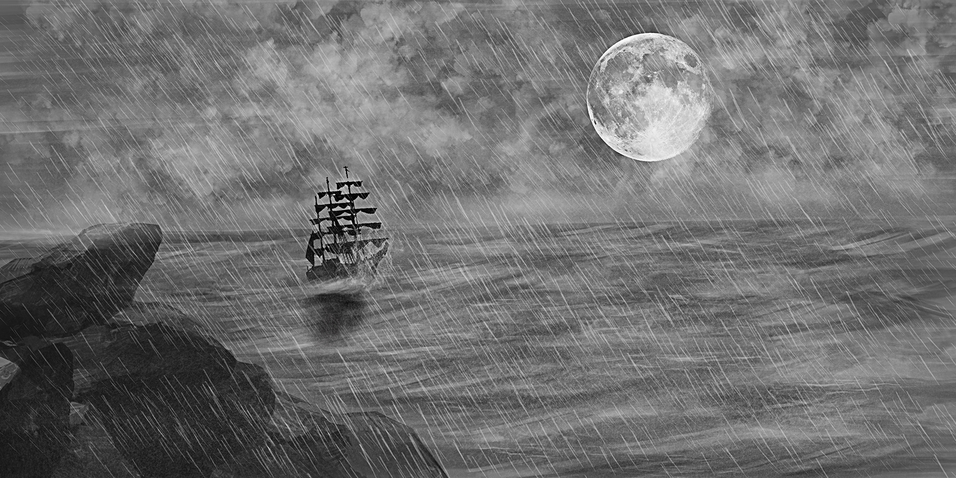 Digital painting of a storm in the sea with a ship, conceptual art